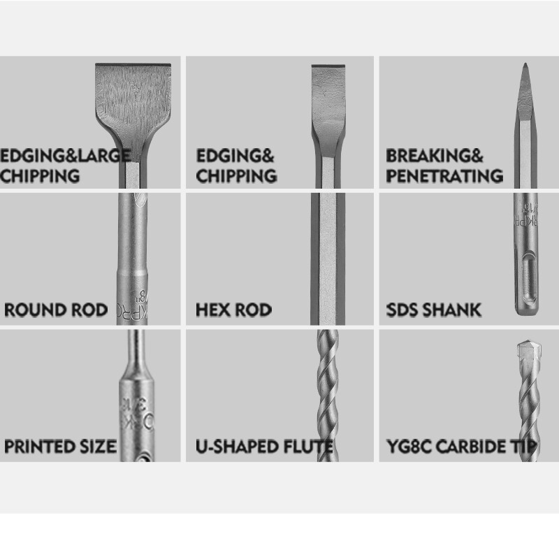 WORKPRO 17PC SDS-Plus Rotary Hammer Drill Bits Chisel Set Carbide-Tipped Masonry