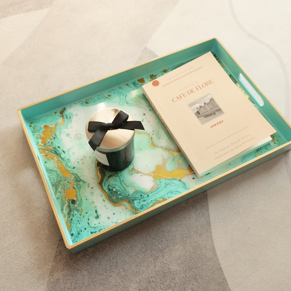 Turquoise Marbling Decorative Tray with Handles Morden Plastic Rectangular Se...