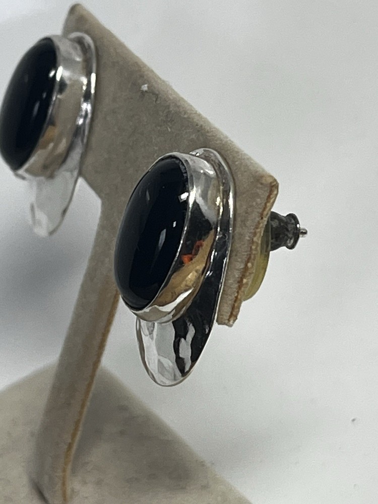 Sterling Black Onyx Earrings Hammered Silver Pierced Signed