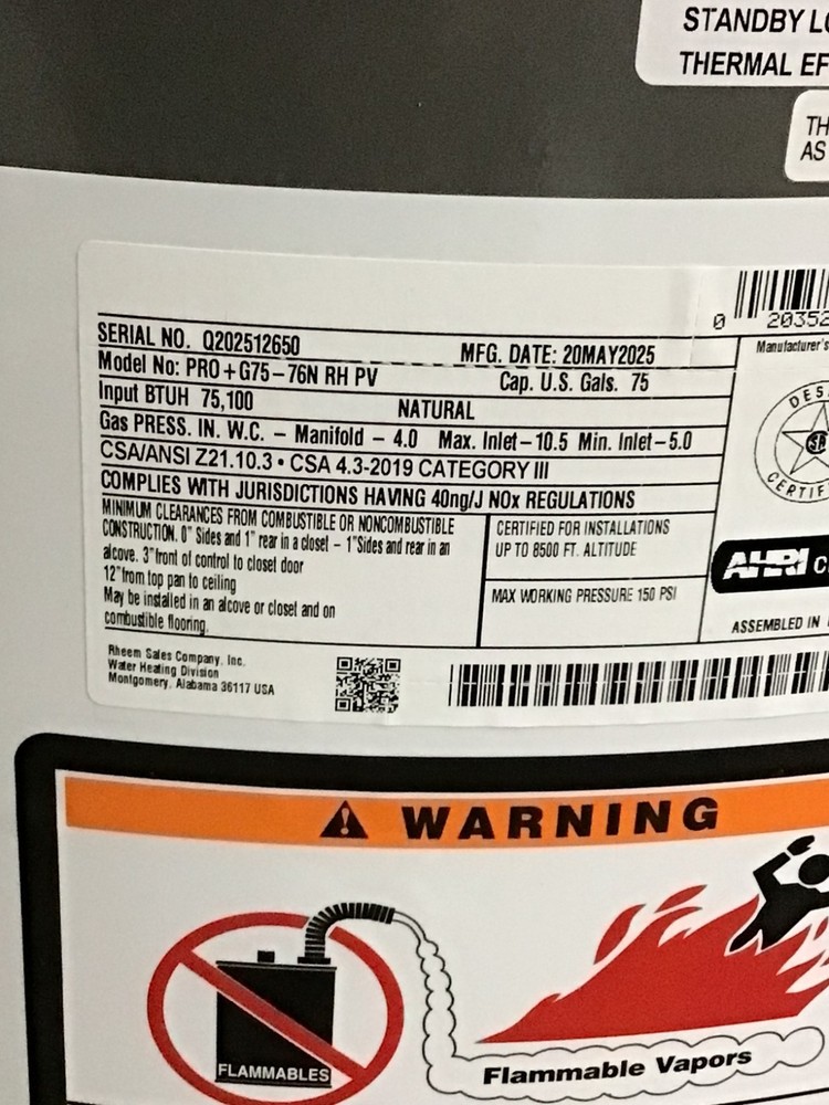 RHEEM PRO +G75-76N RH PV 75 Gallon Residential Natural Gas Water Heater NEW