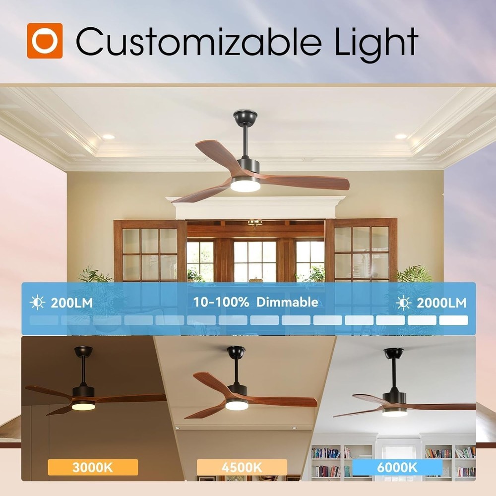 52” Ceiling Fan with Light with 6 Speed Remote/APP Control, Solid Wood Fan