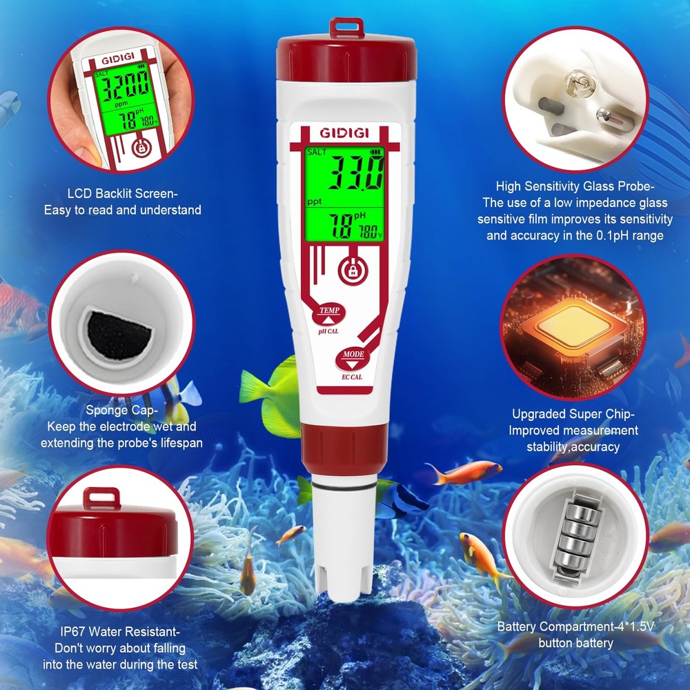 Aquarium Salinity pH Meter,Digital Pool Salt Tester,Simultaneously Display 5 ...