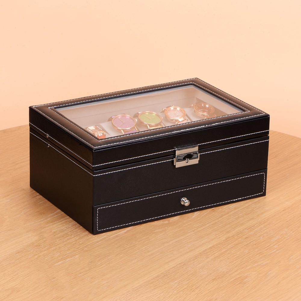 Multipurpose Watch Box 12 Slots 2 Layers with Clear Top PU Leather Display Case