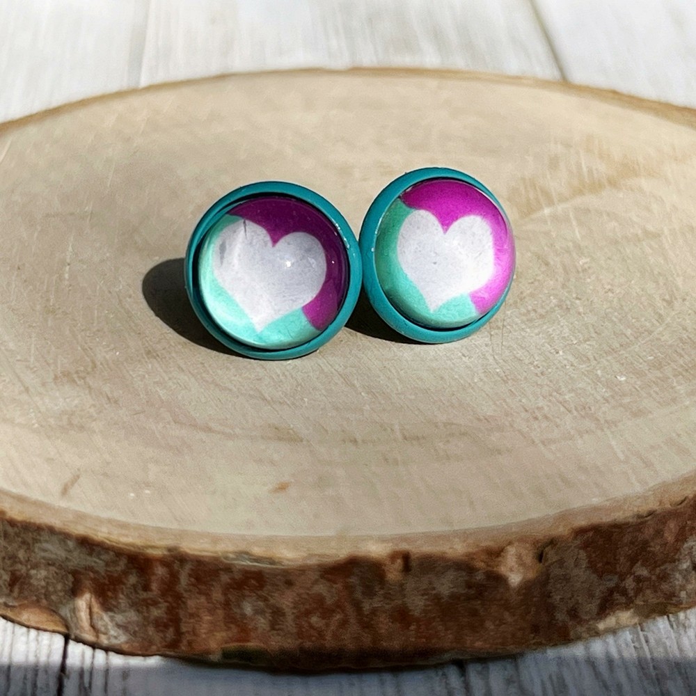 White Heart Blue Stud Earrings