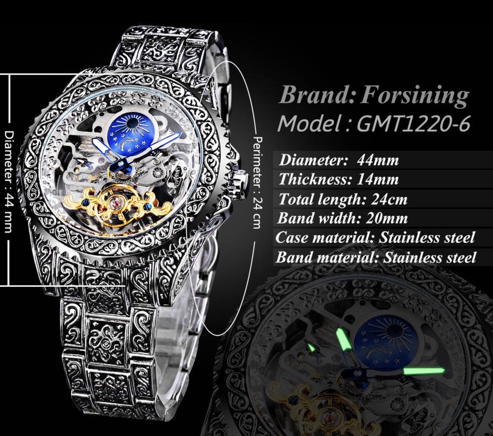 Forsining Carved Tourbillon Mechanical Mens Watch Moon Dial DOES NOT FUNCTION!