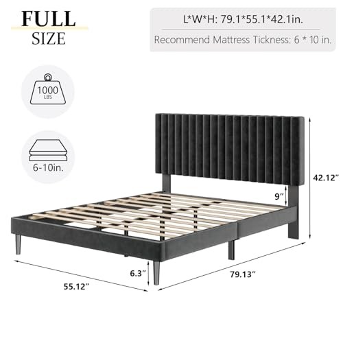 Size Platform Bed Frame with Velvet Upholstered Headboard Bed Frame Full Black