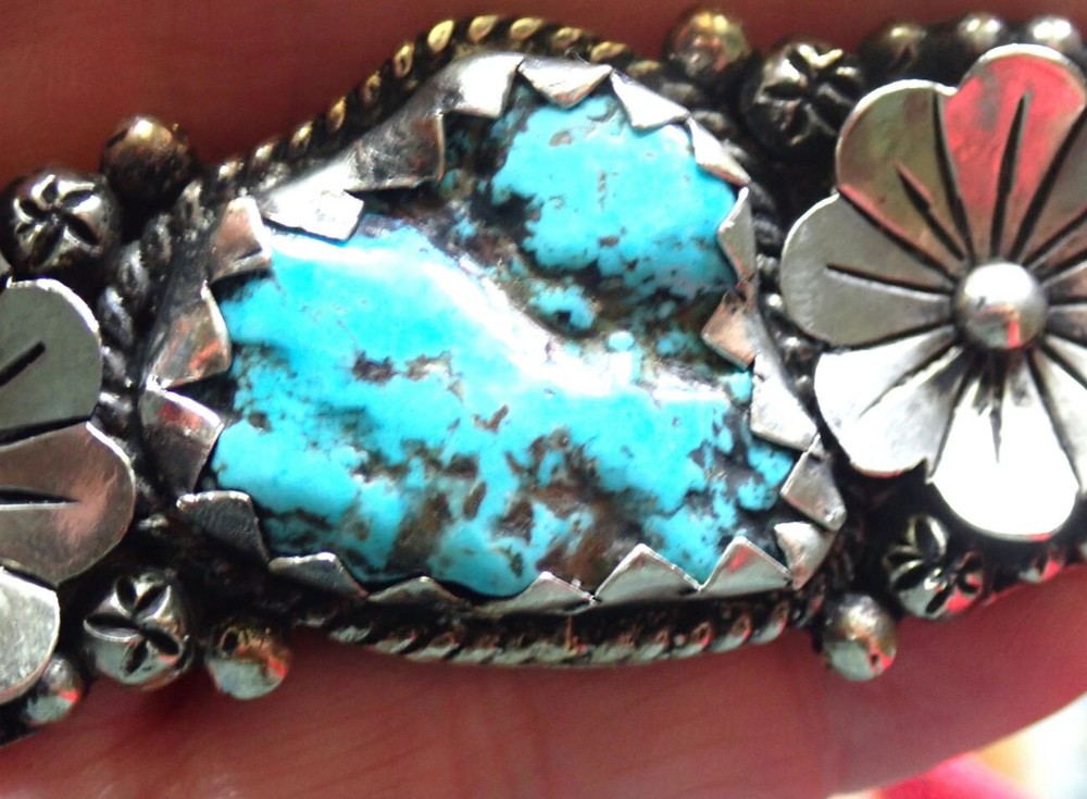 Turquoise and Flowers in Tibetan Silver Ring adjustable