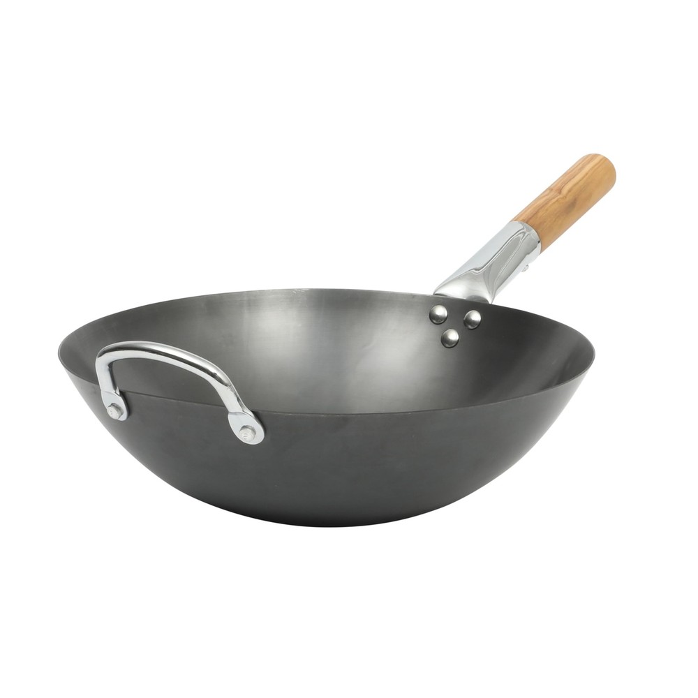 Kitchen Essentials Quick Fire 13.5" Carbon Steel Flat Bottom Wok – Durable No...