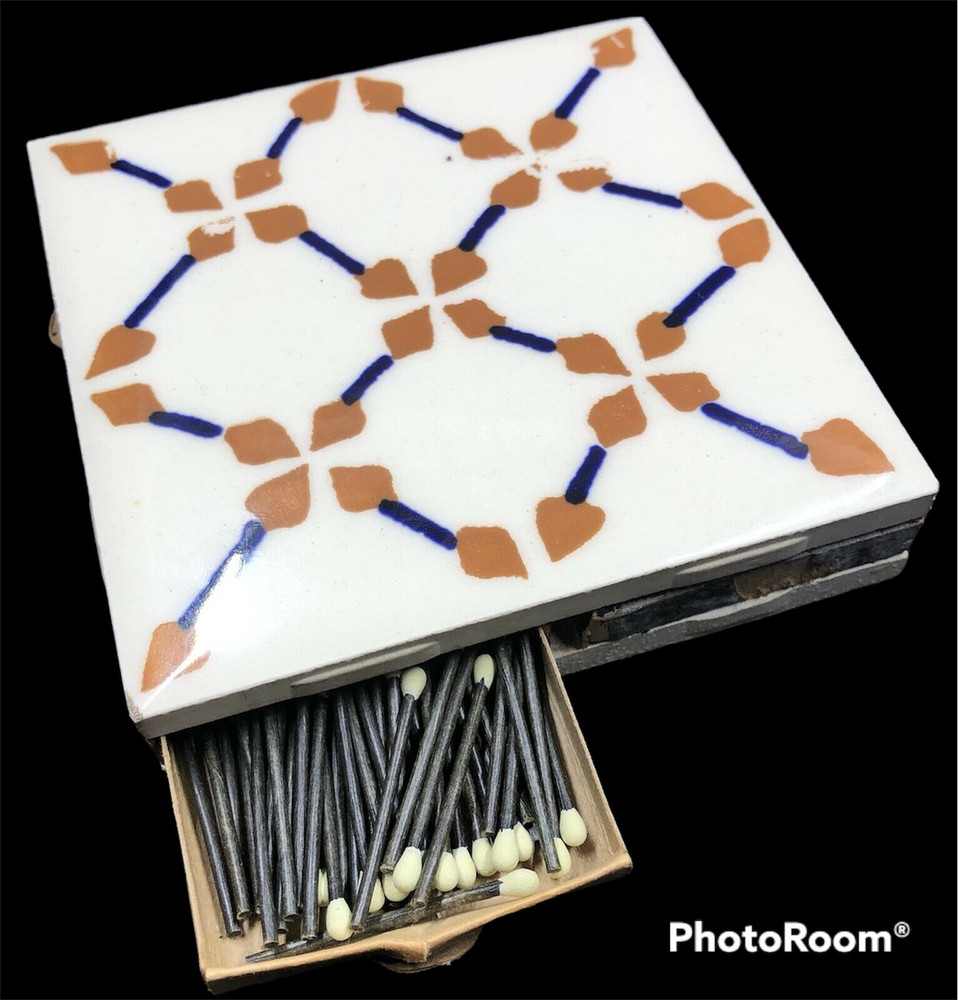 Vintage Double Matchbox Holder & Coaster Art Ceramic Tile Hand Painted Flowers