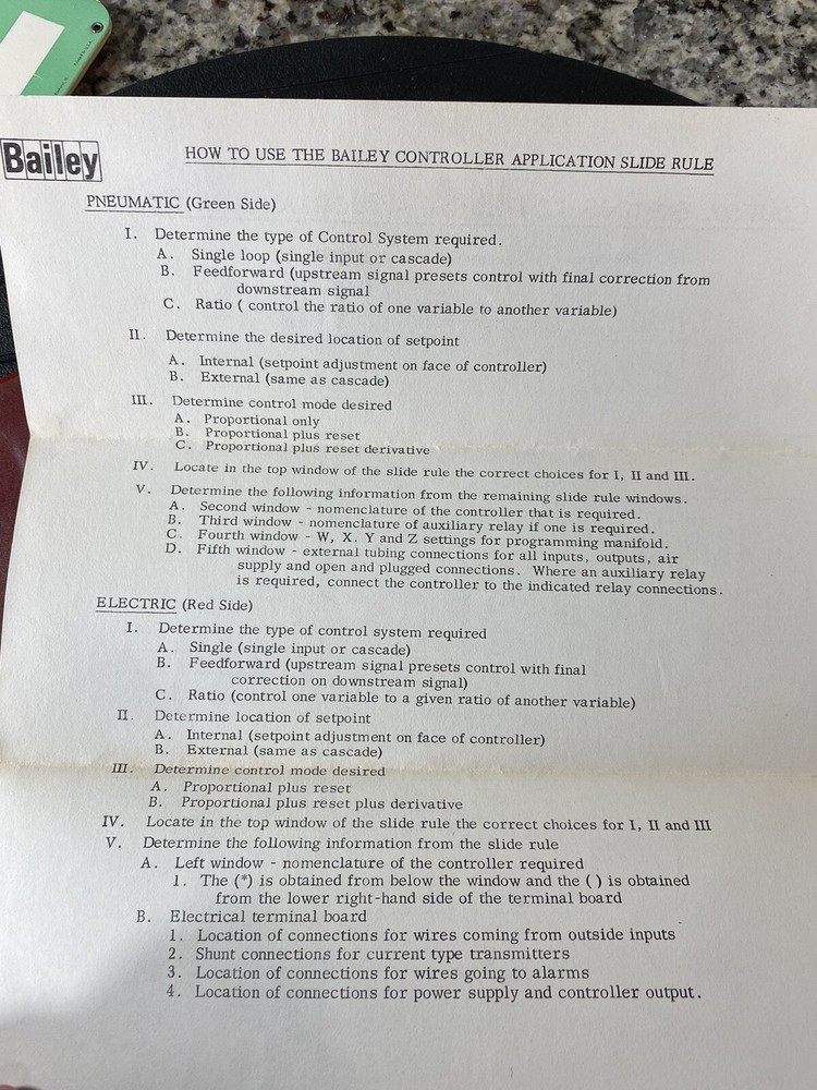 Vtg BAILEY METER CO. Controller Application Slide Rule Pneumatic Electronic 1969