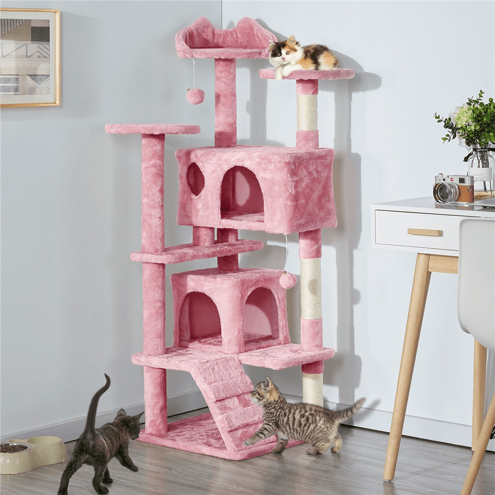54.5" H Double Condo Cat Tree W/ Scratching Post Tower Pink