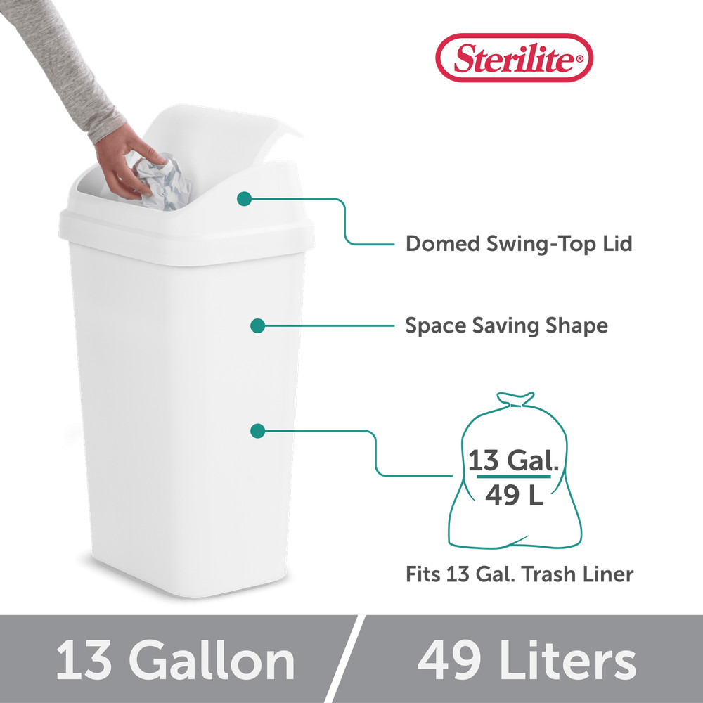 Kitchen Trash Can, 13 Gallon Plastic Garbage Bin with Swing Top Lid, White