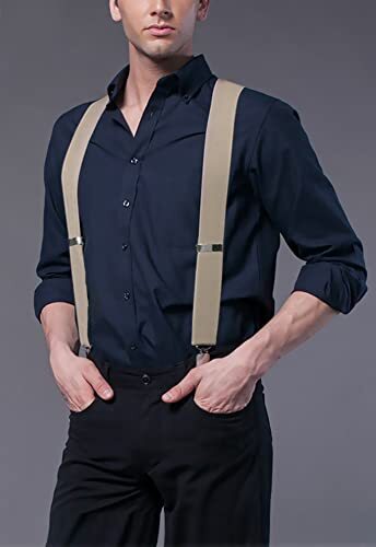 Mens Suspenders X-Back 2" Wide Adjustable Solid Straight 04 X-back (Khaki)