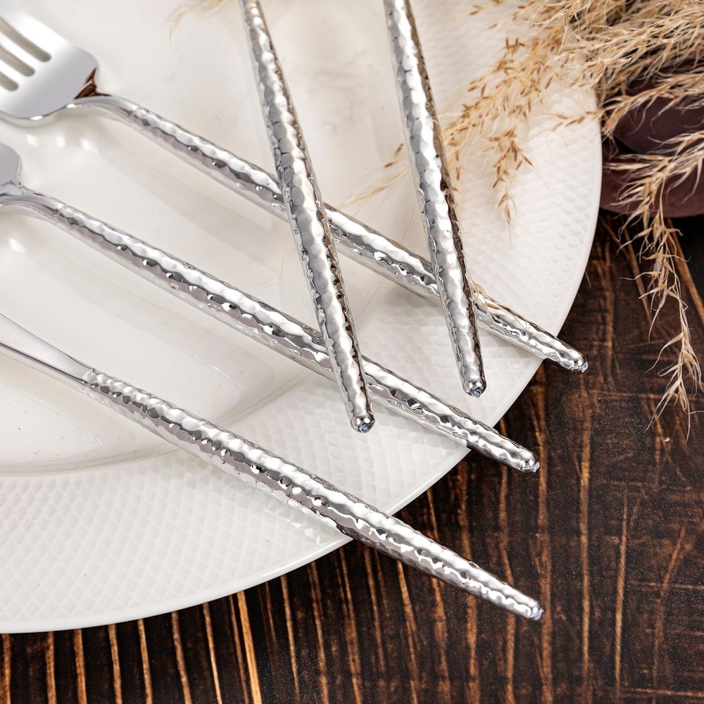 Rubtlamp 180 Pcs Silver Plastic Silverware - Hammered Disposable Silverware -...