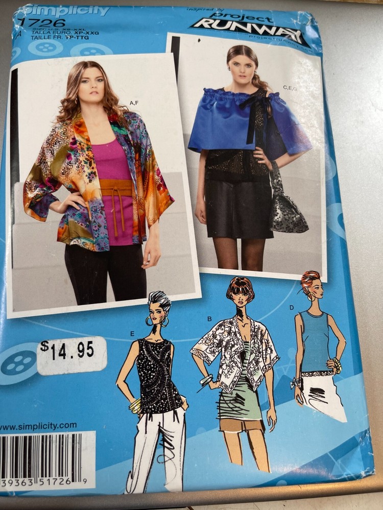 Simplicity Pattern 1726 Ms Project Runway Top~Kimono Jackets~Capelet~Obi Belt
