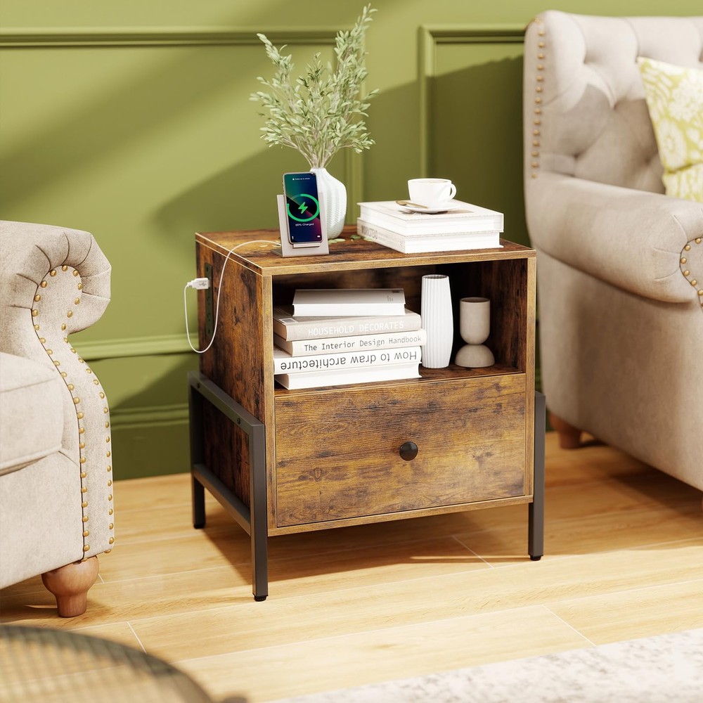 Rustic Brown Nightstand with Charging Station & Storage Shelf