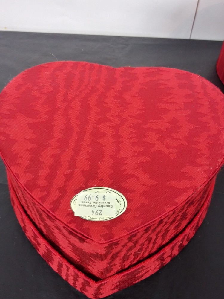 2 Red Fabric Covered Stacking Nesting Heart Boxes Satin Moire & Brocade Wedding