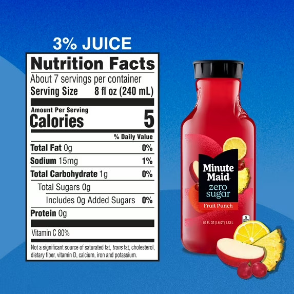 Minute Maid Zero Sugar Fruit Punch Juice Drink Bottle, 52 fl oz(2 Pack)