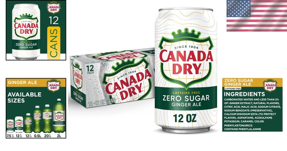 Zero Sugar Ginger Ale - Refreshing Caffeine-Free Drink, 12 fl oz (12-Pack)