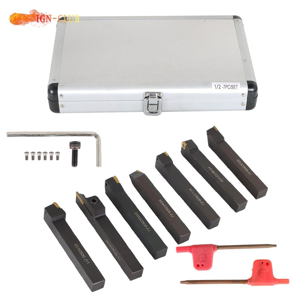 7Pcs Carbide Indexable Turning Tool 1/2" Lathe Tool Bit Thread Insert Holder Kit