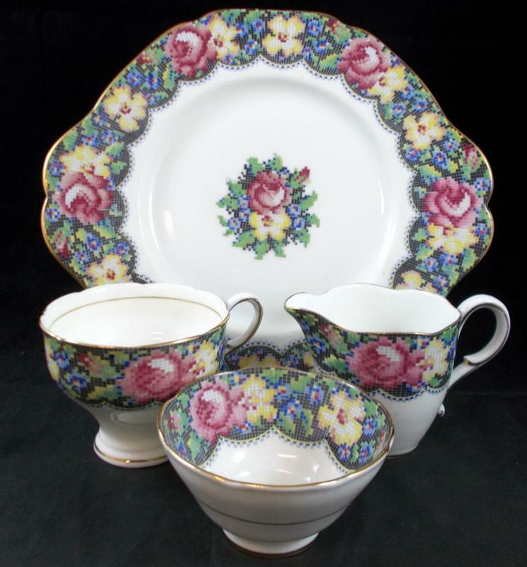Paragon GINGHAM  ROSE Cake Plate, Cup, Mini Creamer, Open Sugar Bowl LIGHT USE