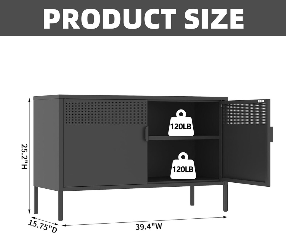 Cofar Black Storage Cabinet Steel Frame,Sideboard With 2 Doors,Adjustable Shelf