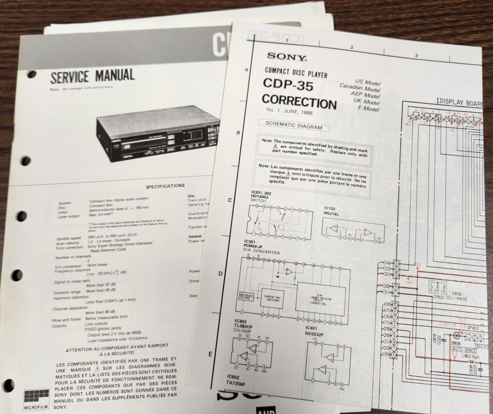Sony CDP-35 Compact Disc Player Service Manual +Schematic & Bulletins-Original
