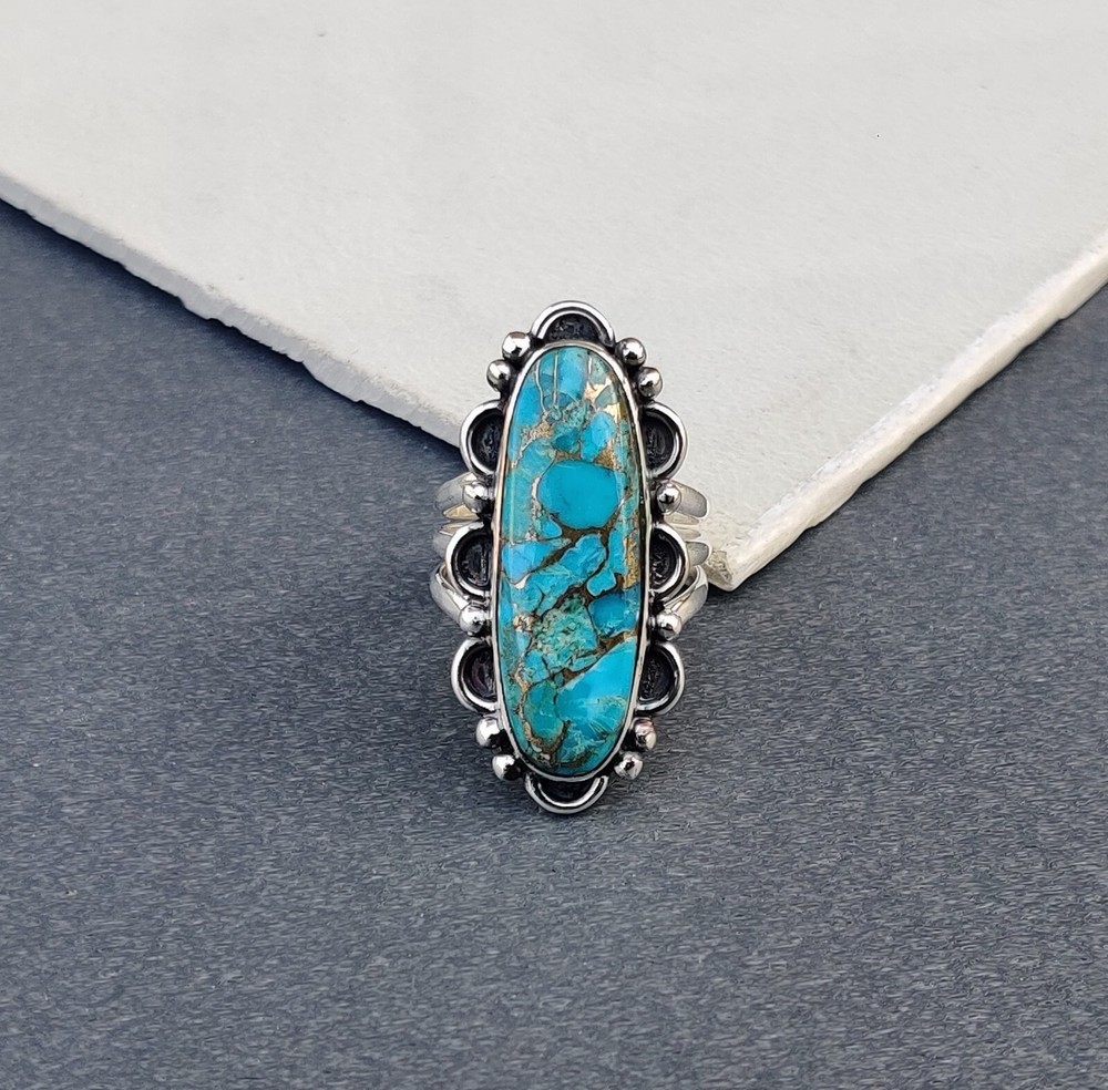Blue Copper Turquoise Gemstone Ring 925 Sterling Silver Handmade Gift PG911