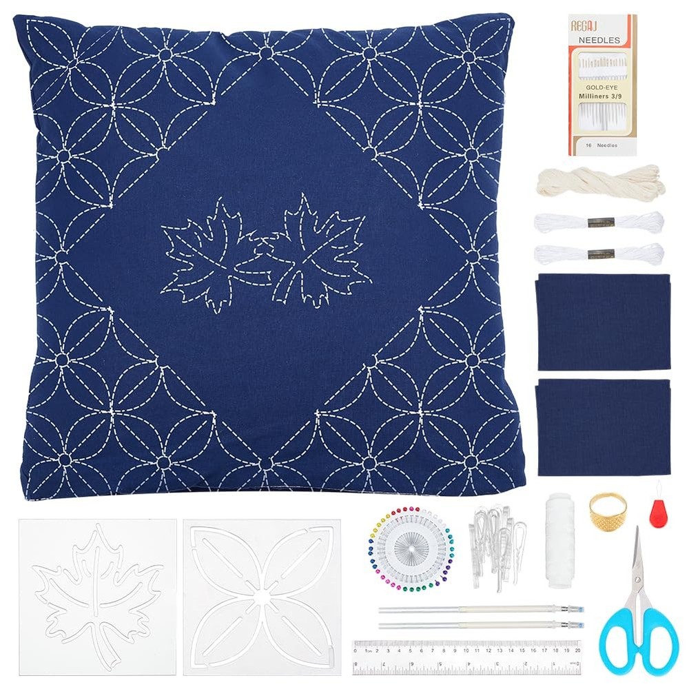WEBEEDY DIY Sashiko Pillowcase Kit Template Pillow Covers Set blue