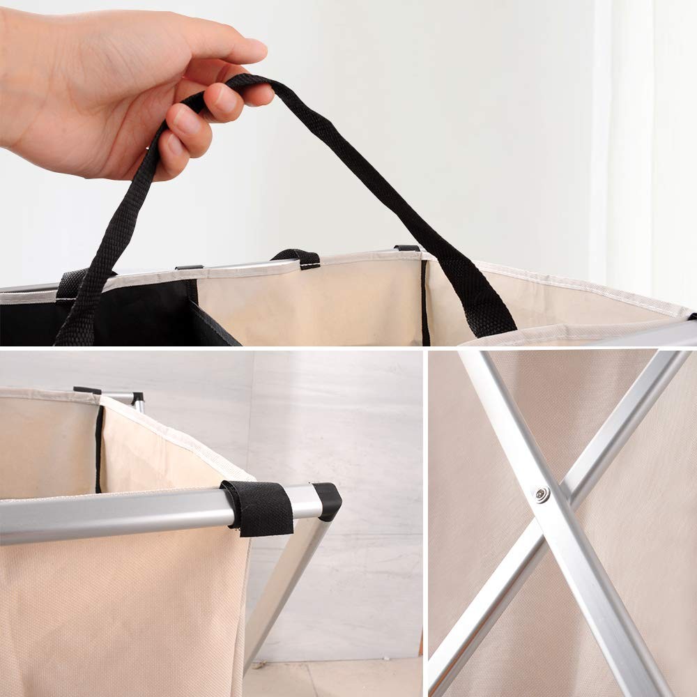 2-Section Laundry Hamper with Aluminum X-Frame Folding Washing Basket Bag