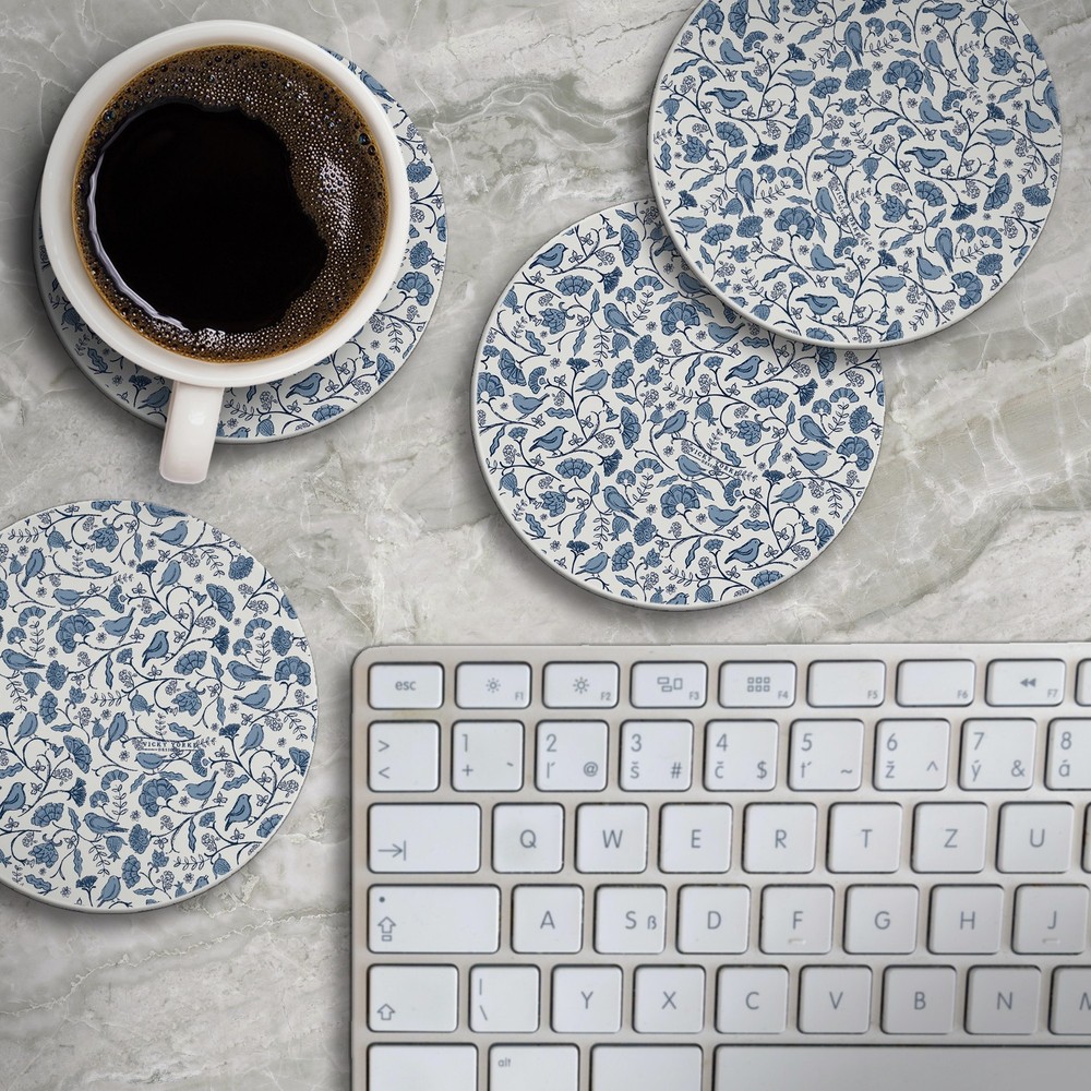 Vintage Flock 4 Pack Round Absorbent Stone Coasters with Protective Cork Backing