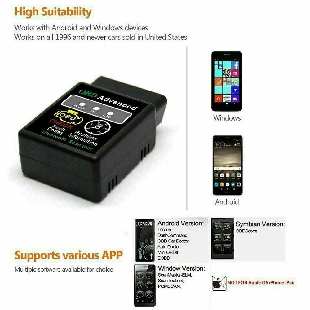 Bluetooth OBD2 OBDII car diagnostic code reader scanner tool for iOS, Android PC