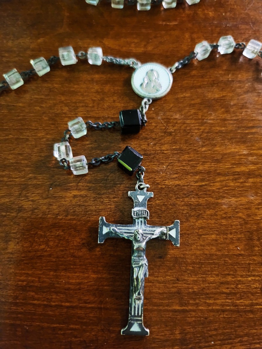 Antique Swift & Fisher Sterling Silver White Enamel Rosary & Vtg Art Nouveau Box