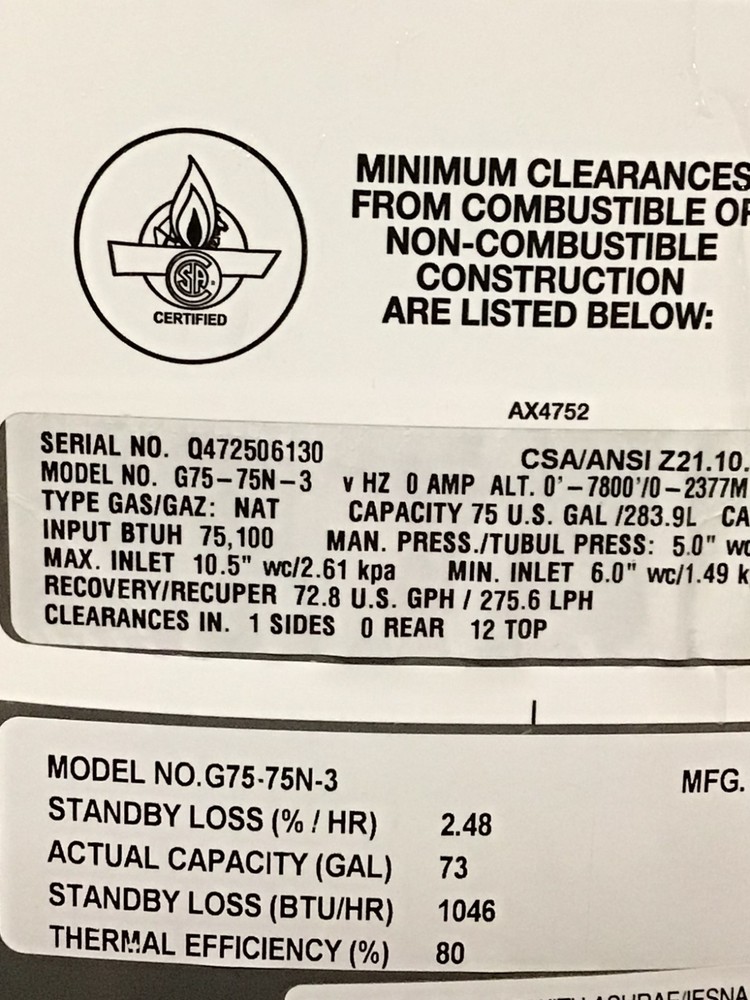 RHEEM Rudd G75-75N-3 75 Gallon Commercial Gas Water Heater 75K Natural Gas NEW