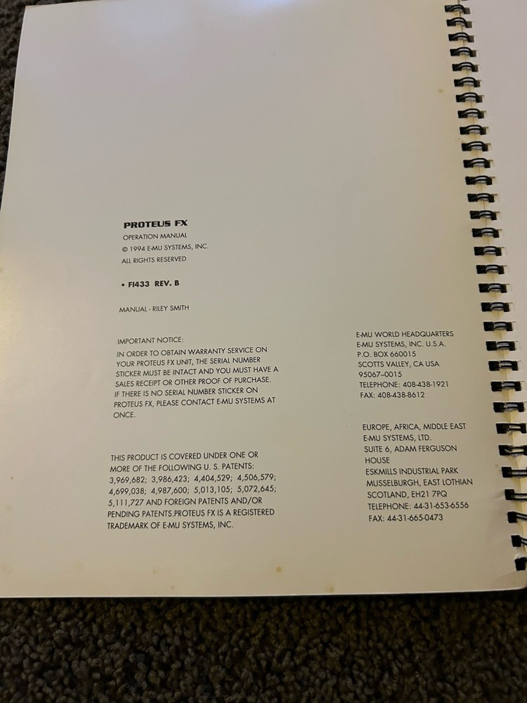 E-mu Proteus FX Operation Manual User Guide Book