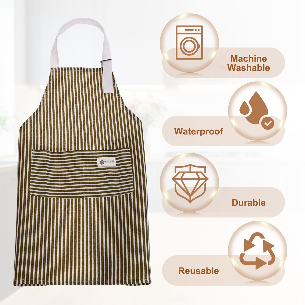 2Pcs Kitchen Cooking Aprons, Striped Neck Strap Apron with Pocket, Coffee