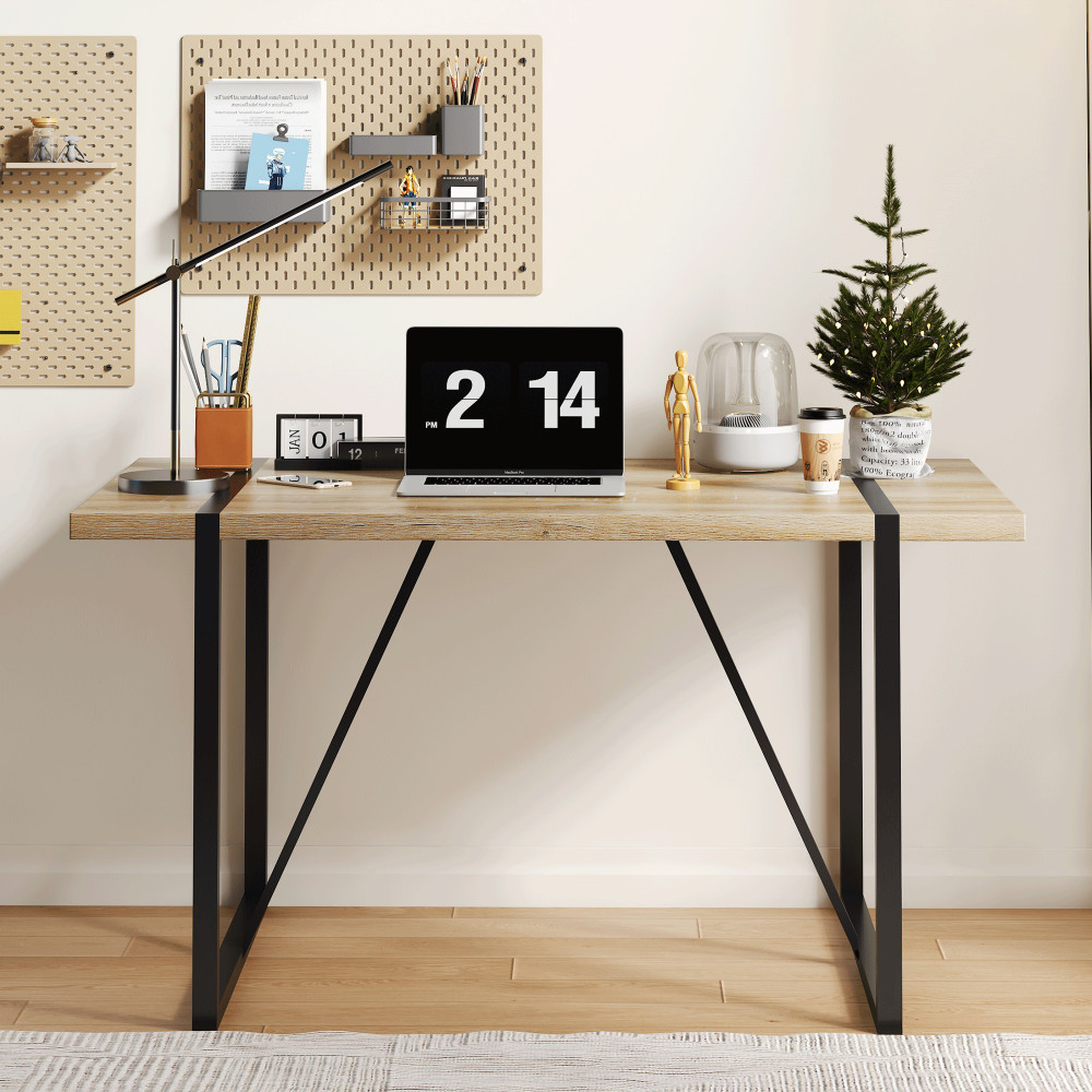 Rectangular dining table with a 1.5-inch thick wooden tabletop and metal legs