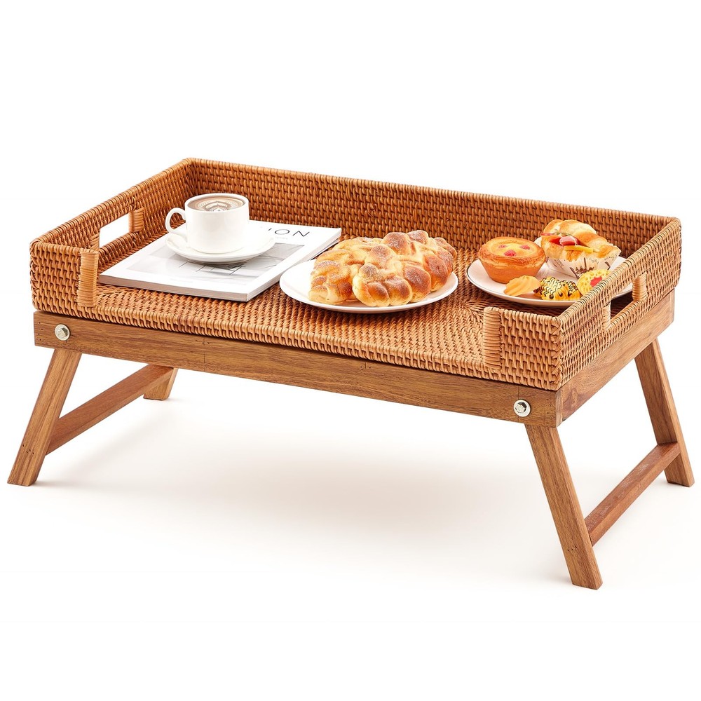 Rattan Breakfast Table Tray with Foldable Legs Rectangular Butler Snack Servi...