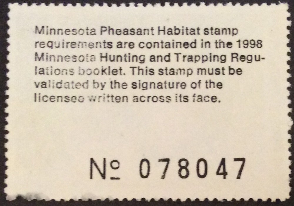 1998 $5 Minnesota Pheasant Stamp, Mint, perf flaws