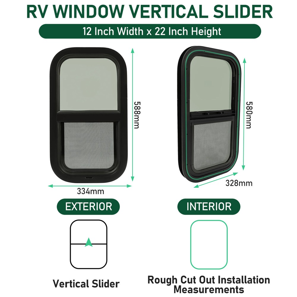 2 Pack 12 x 22 Wall Vertical RV Window Cargo Trailer W/ Screen & Trim Ring