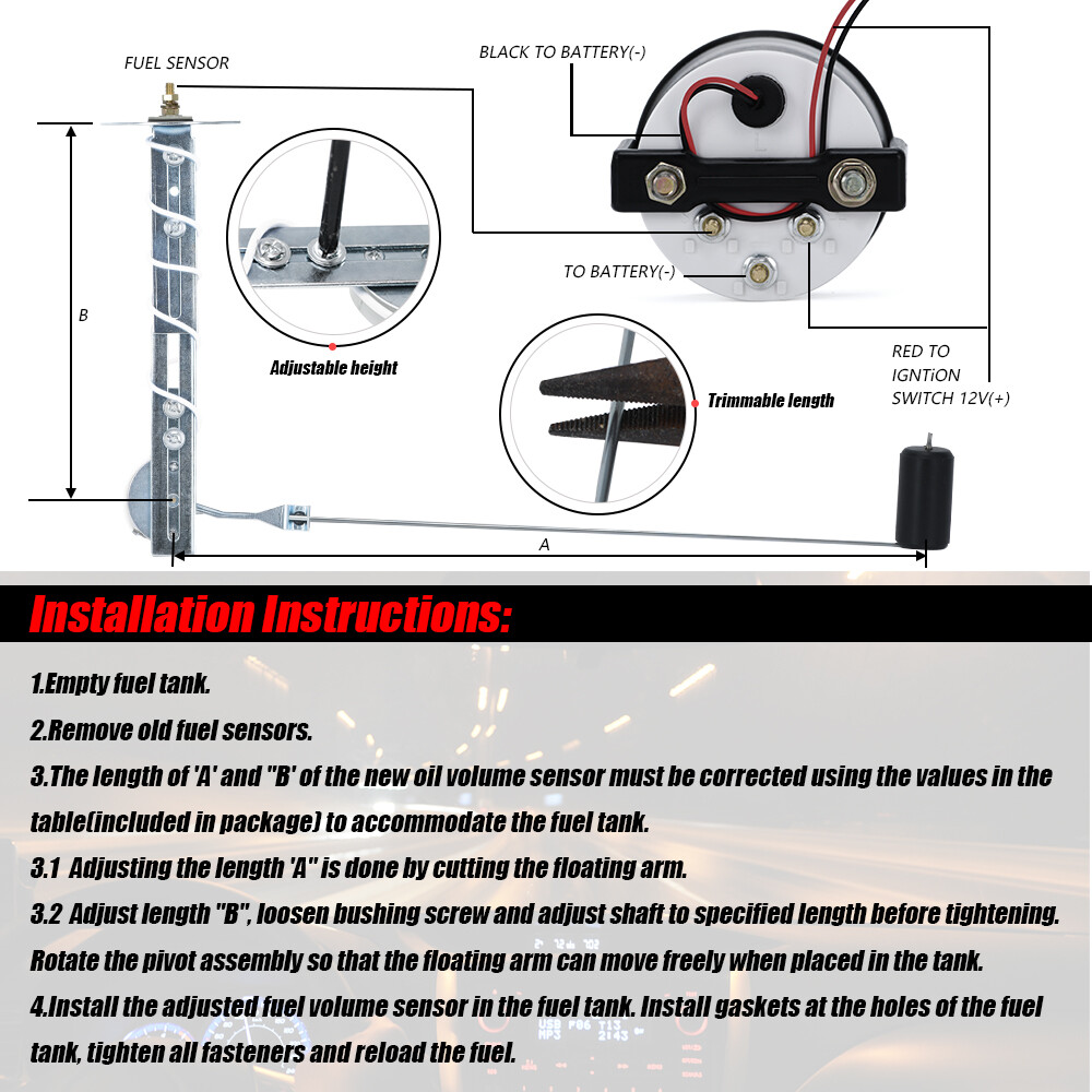 Universal 2"52mm Fuel Level Gauge Kit W/ Fuel Float Sensor E-1/2-F Pointer 12V