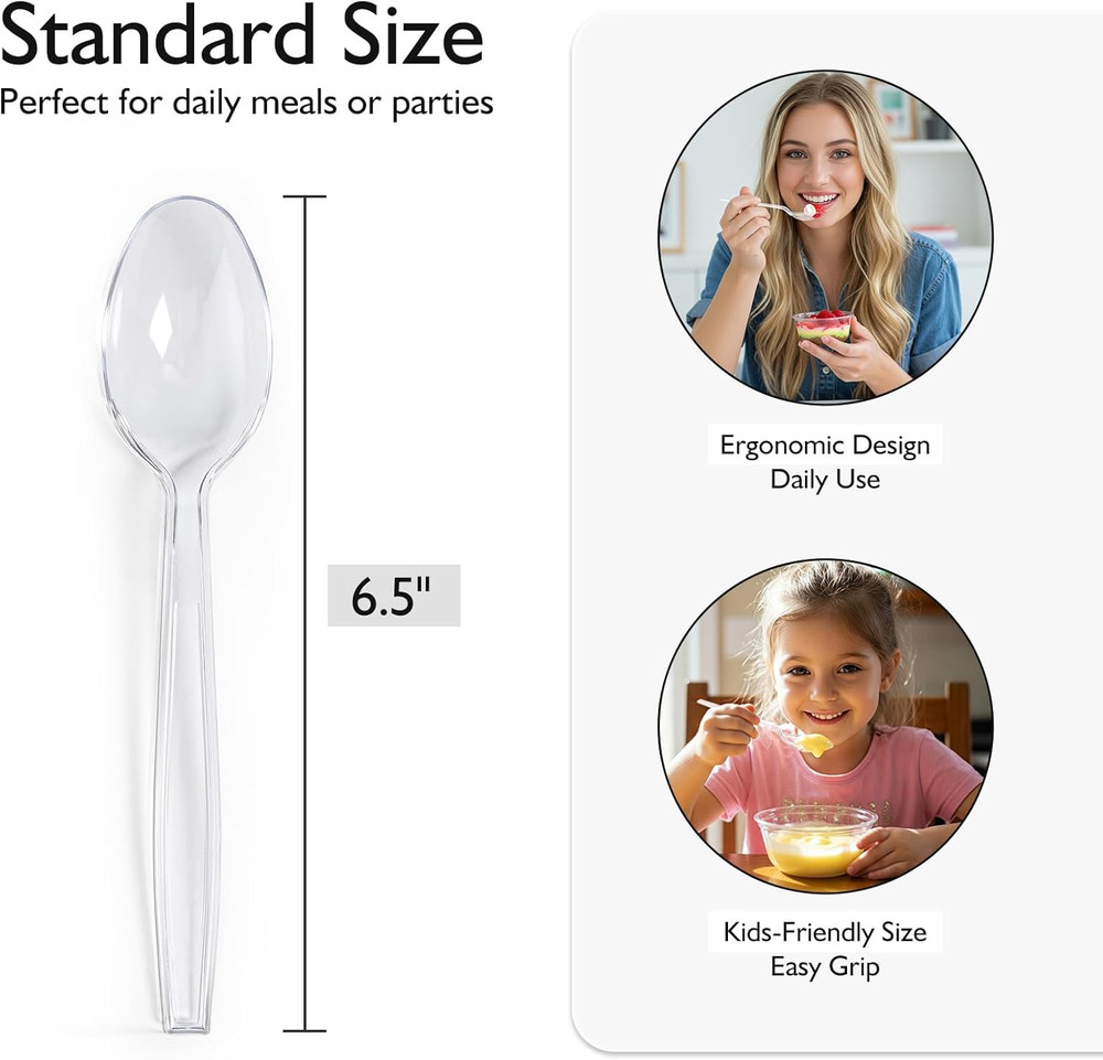 [100 Count] Clear Plastic Spoons Heavy Duty, Premium Disposable Spoons, Durable