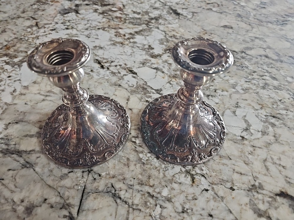 VINTAGE 2 Gorham Silverplate Chantilly Hollowware Weighted Console Candleholders