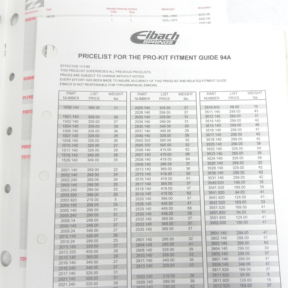 1994 EIBACH LOWERING PERFORMANCE SPRINGS PARTS ACCESSORIES CATALOG FITMENT GUIDE