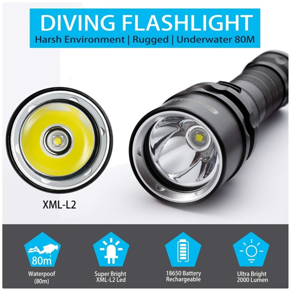 2000 Lumen Waterproof Dive Torch with Charger