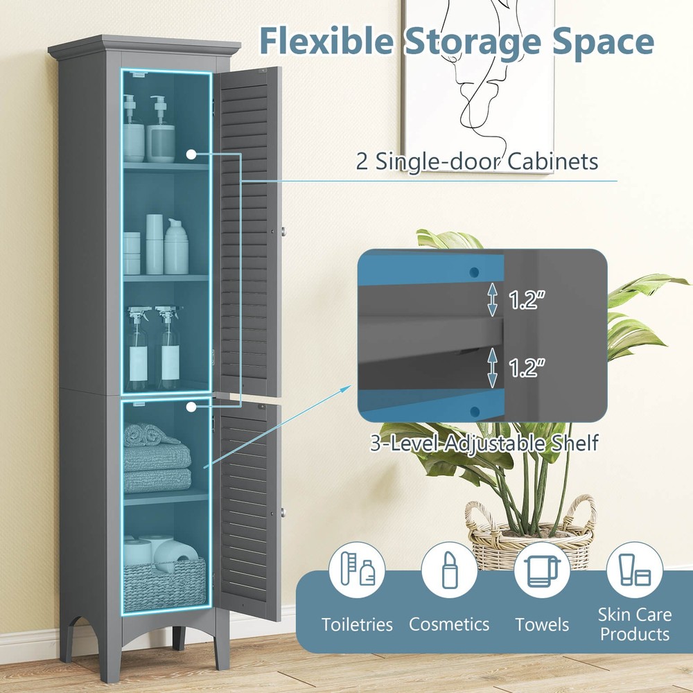 63” Tall Bathroom Cabinet w/ 2 Louvered Doors & Adjustable Shelf, Elevated Legs