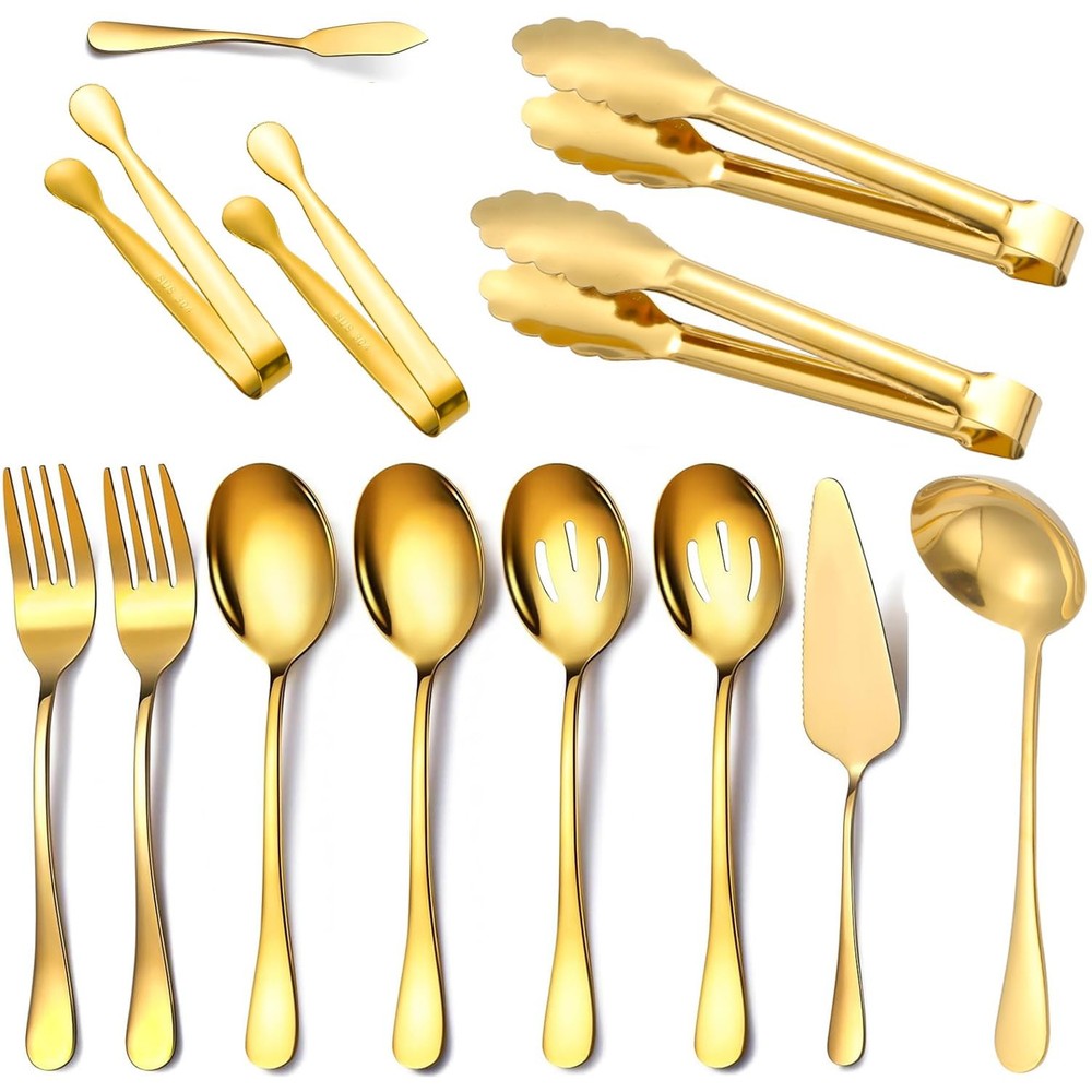 13 Piece Gold Large Serving Utensils, Stainless Steel Include Serving Spoons,...