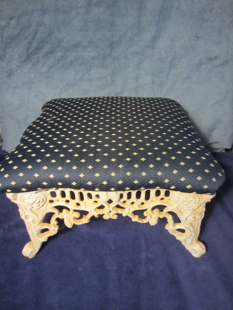 Antique Victorian Cast Iron Open Holed Footed Foot Stool~Upholstered