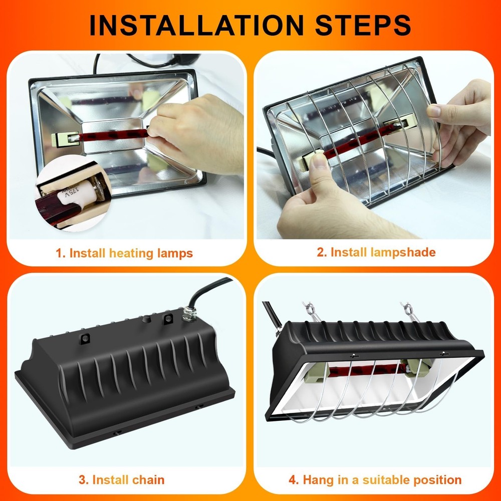 Chicken Coop Heating Lamp Brooder 250W, Adjustable Heating Temperature and Ha...