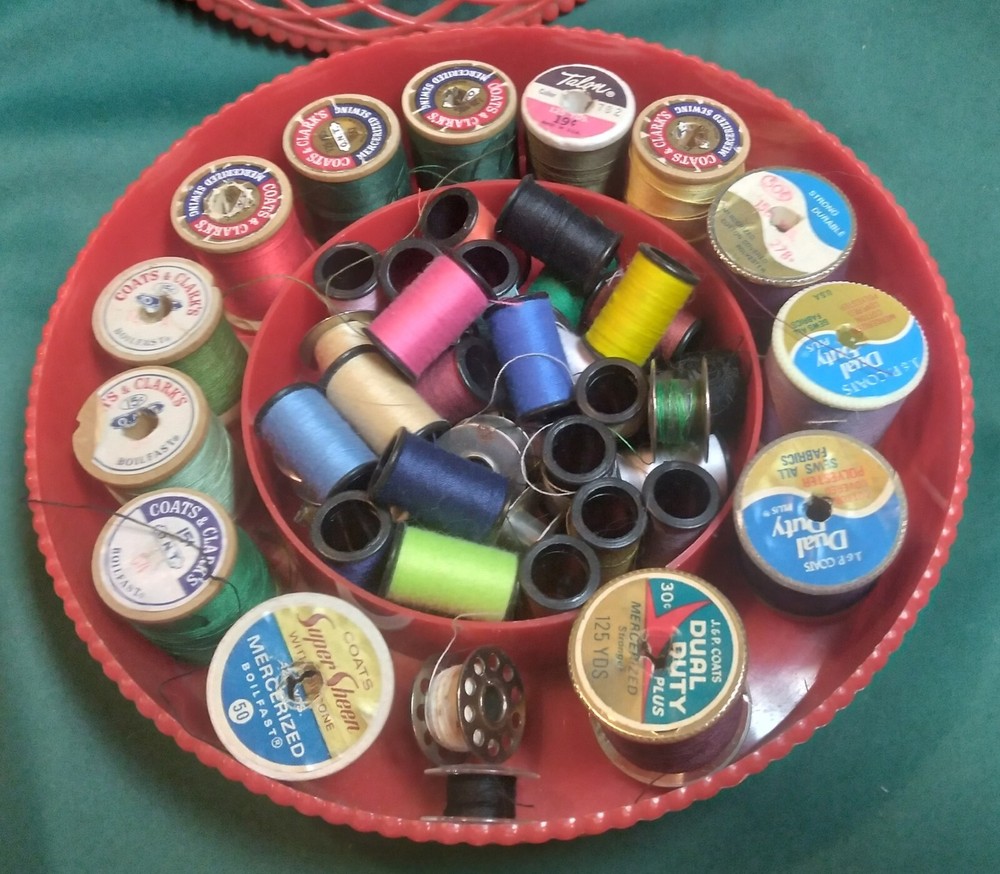 Vintage Red Plastic Thread Basket & Contents